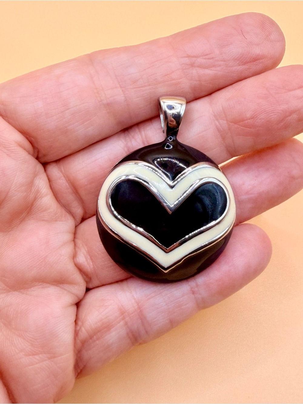 Solid Black & Cream Enameled Silver Plated Heart Pendant